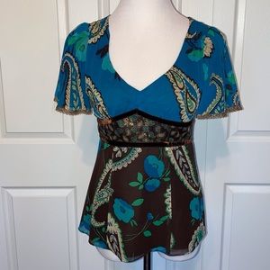 Nanette Lepore 100% Silk 4 Blouse Turquoise Brown Short Sleeve Vintage Designer